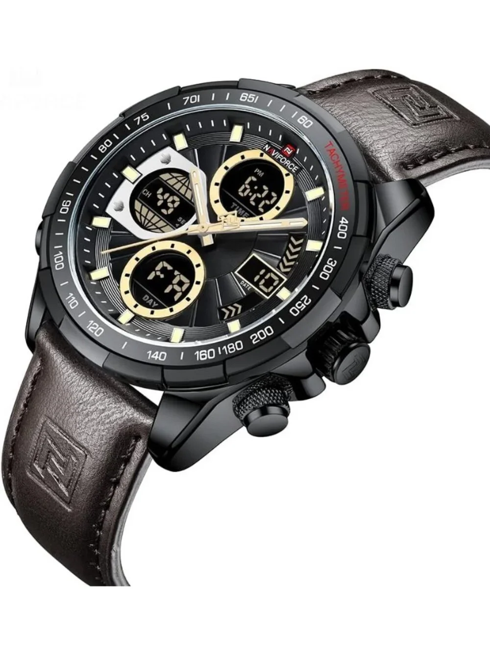 Men's Brown Military Digital Analog Quartz Waterproof Leather Wrist Watch